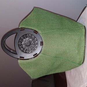 Burlap Wooden Carved Handle Handbag